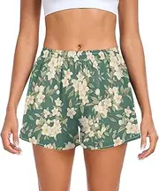 [FRODOTGV] White Jasmine Green Women's Athletic Shorts with Pockets Exercise Shorts for Biking Surfing Vacation Swim Party S