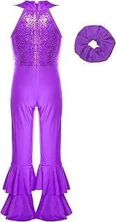 [Loodgao] Kids Girls Disco Dance Costumes Shiny Sequins Tops with Flared Pants Jumpsuits Singer Dancer Outfits
