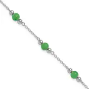Sterling Silver Rhodium-Plated 9Inch Polished Green Jade Anklet