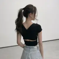 在飛比找momo購物網優惠-【D.studio】韓版夏季新款美背鏤空交叉V領針織上衣 t