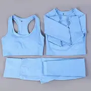 Yoga Set Women Seamless Yoga Set Fitness Clothing Sports Suits Gym Long Sleeve High Waist Running Leggings Workout Pants Shirts ​,Blue 3pcs Set,S