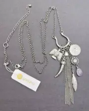 Gorjana Silver Tone Metal Multi Charm Necklace Feather Horn Pheonix 35" NWT