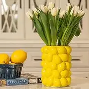 BIEN BEAU Lemon Vase -7 Inch Tall Yellow Ceramic Mediterranean Style Tabletop Vase Holder with 3D Lemon Design- Lemon Kitchen Decor Inspire - Lemon Themed Gifts