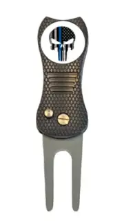 Punisher Thin Blue Line Golf Ball Marker w/ Premium Switchblade Divot Tool