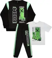 [Minecraft] Creeper Boys 3 Piece Pants Set - Zip Up Tracksuit, Short Sleeve T-Shirt, and Active Jogger Sweatpants Bundle Set