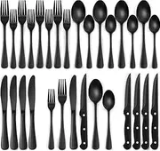 24-Piece Black Silverware Set with Steak Knives, Black Flatware Set for 4, Food-Grade Stainless Steel Tableware Cutlery Set, Mirror Finished Utensil Sets for Home Restaurant (Black)