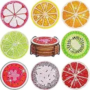 FOWSEEK 8 Pcs Fruit Diamond Painting Coasters for Drinks, DIY Diamond Art Coasters Kit with Holder for Adults Beginners,Fruit Style Drinks for Diamond Crafts Kit for Drinks