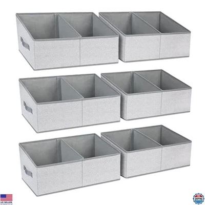Large Fabric Closet Shelf Organizer Bins 6-Pack with Handles & Dividers, Grey
