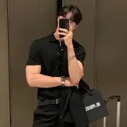 Short-Sleeve Collar Plain Ribbed T-Shirt Black - L