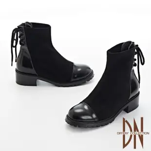 【DN】短靴_牛皮拼接異材質粗跟後綁帶造型短靴(黑)
