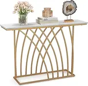Giantex 120cm Gold Console Table, Modern Entryway Table with White Faux Marble Tabletop, Geometric Base, Narrow Long Behind Sofa Table for Living Room, Hallway