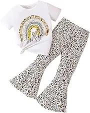 [Ayzozuy] Kids Toddler Girl Clothes Letter Print Graphic Top + Leopard Print Flare Leg Pants 2PC Summer Clothing Set