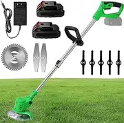 Cordless Grass Trimmer, Cordless Strimmer with Telescoping Pole 90° Swivel, 5 Plastic Knives 2 Flat Knife and 1 Round Saw Blade, for Garden Lawn Trimming, Care, Outdoor Gardening, 2 Battery