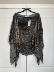 CHICO'S Top Brown Black Abstract Silk Velvet Burnout Beaded Poncho Whimsy Dark