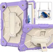 Case for Samsung Galaxy Tab A8 10.5 inch 2021 Model (SM-X200/X205/X207) with Kickstand Hand Strap and Shoulder Strap, Shockproof Rugged Protective Stand Cover for A8 10.5 (Purple+Beige)