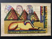 Egyptian Papyrus Painting pyramids, Sphinx,Kings Tut, Cleopatra&Nefertiti 8x12”