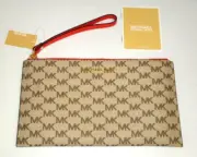 MICHAEL KORS Jet Set MK Signature LG Clutch Wristlet Wallet Natural & DK Sangria