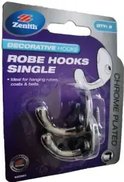 Zenith Decorative Single Hooks For Robes Coats Belts Chrome Plated 35mm 2Pk.