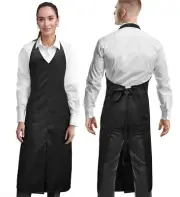 V Neck Long Apron Tuxedo Style, Front Slit, 2 Pockets, Waiter, Chef, Restaurant