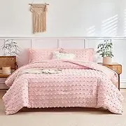 6 Pieces Tufted Dots Bed in a Bag Twin Comforter Set Girls Pink, Soft and Embroidery Shabby Chic Boho Bohemian Comforters, Luxury Solid Color with Pom Pom Design, Jacquard Tufts Bedding Set for Kids
