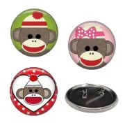 Set of 3 Sock Monkey 2 1/4" Pinback Pins Sock Monky Lover Gift Pin Set