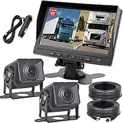 HD Wired RV Backup Camera System Kit,7 inch IPS Dual Split Screen Monitor DVR Recording IP69 Waterproof 1080P Front View Rear View Reverse Cameras Parking Lines for Truck/Semi-Trailer/Box Truck