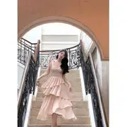 Spaghetti Strap Plain Irregular Layered Midi A-Line Dress Pink - M