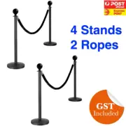 4 BLACK Queue Barriers Stand Post 2VELVET Ropes Crowd Control Bollards Stanchion