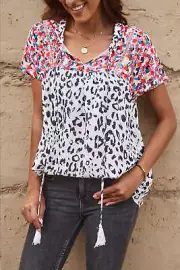 I AM A FASHION JUNKY Leopard Mix Print Tassel Tie Blouse