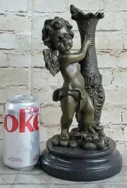 Cute Cherub Offering Love Bird Bronze Sculpture Mythical Angel Marble Figure NR