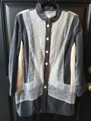 New $189 Chico's Silver Treasure Artisan Lace Gray Velvet Jacket 2 = L 12 14 NWT
