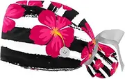 [WOSHJIUK] Working Hat 2 Pack Scrub Caps for Women,Stripes and Flowers,Tie Back Cap Adjustable Scrub Hat