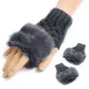 Grey Faux Fur Fluffy Winter Warmer Fingerless Gloves Knitted Wool Mitten Vintage