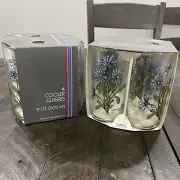 Vintage Set of 8 Libbey 6” Blue Aster Flower Tumbler Glasses on Clear NOS
