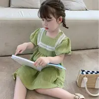 在飛比找樂天市場購物網優惠-女童連衣裙夏新款女寶寶洋氣裙子兒童泡泡袖裙夏天的一抹綠