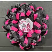 Valentines Day Wreath, Hot Pink & Black, Gnomes, Handmade Deco Mesh 22 Inch