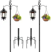 80" Double Shepherds Hooks for Outdoor 2 Pack 80 Inch Bird Feeder Pole with 5 Prongs Base Heavy Duty Garden Hook for Hanging Plant Lantern Hummingbird Feeder Solar Lights