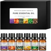 Pure Essential Oil, Water Soluble, Therapeutic Grade, Aromatherapy Gift box pack for Diffuser Humidifier Perfume Oil (6 Pk - 10ml, Lavender Oranges Peppermint Lemon Eucalyptus Sandalwood)