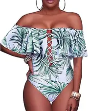 [Tempt Me] Women One Piece Bikini Lace Up Ruffled Off Shoulder Flounce Monokini Bathing Suits