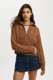 [Cotton On Women] Cotton On Women - Cotton Cable Half Zip Pullover - Walnut S WALNUT