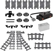 MISINI 39Pcs City Train Tracks Accessories Kit, Straight Curved Flexible Train Tracks Compatible with Lego, Train Motor Kit and Wheels Railroad High Speed Powered Set Building Toys
