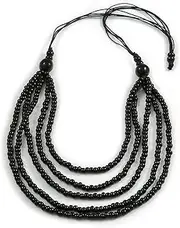 [Avalaya] Multistrand Layered Black Wood Bead with Cotton Cord Necklace/90cm Long (Max Length)/Adjustable, One Size, cords Wood