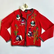 Christmas cardigan sweater L panda novelty red Christina Rotelli cotton crewneck