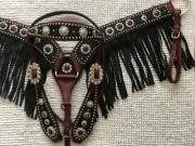 Western Brown Leather Set of Headstall/Breast Collar with Fringes