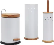 3-in-1 Bathroom Set – Bamboo & Recycled Plastic – Rust-Resistant Chrome – Includes Toilet Brush, Roll Holder & 3L Bin – Practical & Stylish – White