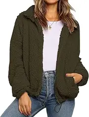[PRETTYGARDEN] Women's 2023 Fashion Winter Coat Long Sleeve Lapel Zip Up Faux Shearling Shaggy Oversized Shacket Jacket (Style One Army Green,Large), Green