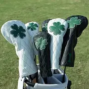 Golf Headcovers Golf Driver Fairway Hybrid Head Cover Lucky Clover Cross Pattern Premium Leather Driver Fairway(FW) Wood Hybrid(UT) with Number Tags, Black