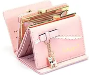 [SUMGOGO] Small Wallet for Women Cute Cat Pendant Card Holder Organizer Girls Front Pocket Coin Purse Leather, A-Pink, S, Minimalist