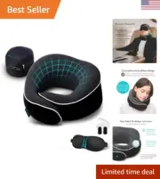 Compact Black Memory Foam Neck Pillow with Contoured Eye Mask - Travel Set