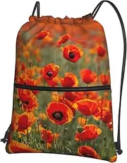 EdWal Poppy Flowers Print Drawstring Backpack Gym Bags Sports Bags With Zipper Pocket For Travel Swimming Beach, Black, One Size